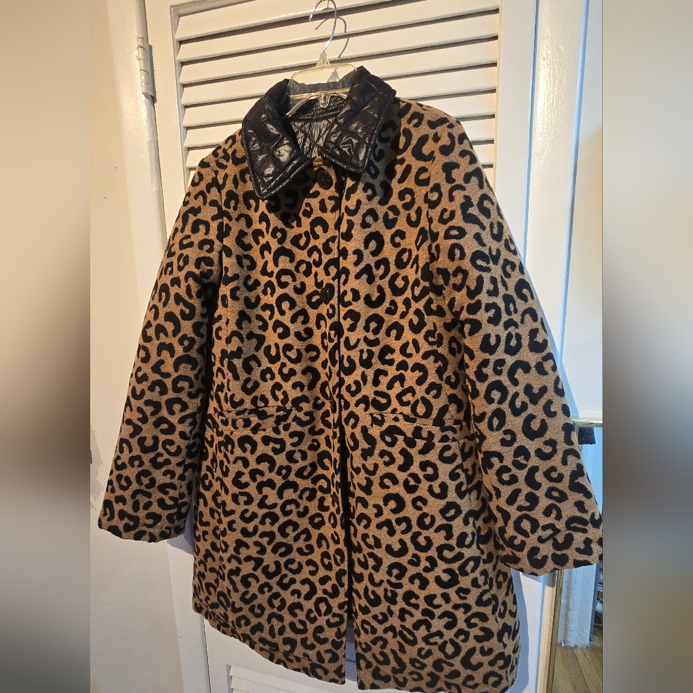 Kate Spade New York Reversible Leopard Animal Print Wool Quilted Peacoat S